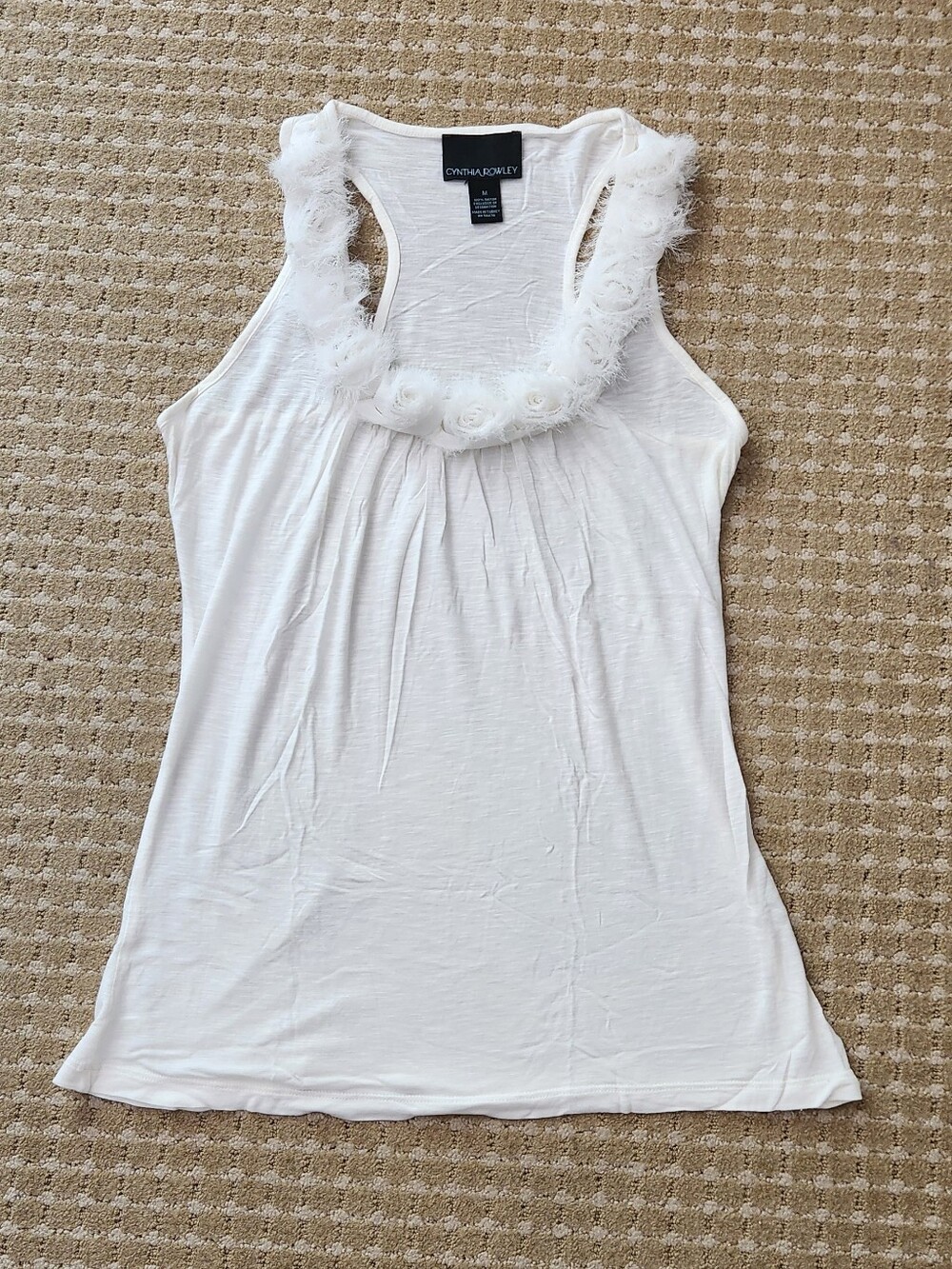 Cynthia Rowley White Floral-Trim Racerback Tank